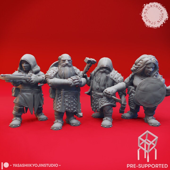 a group of miniature figurines of dwarf knights