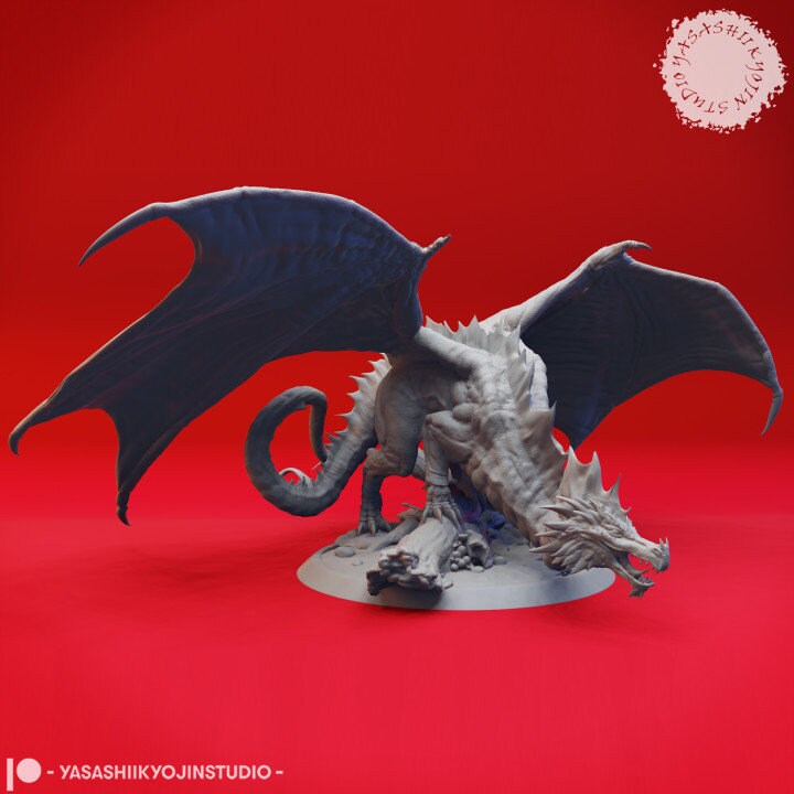 a white and black dragon statue on a red background
