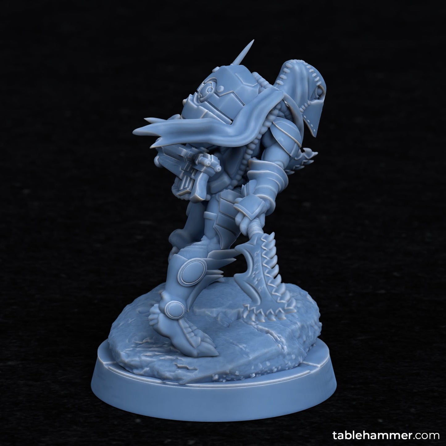 a blue plastic figurine of a man with a gun