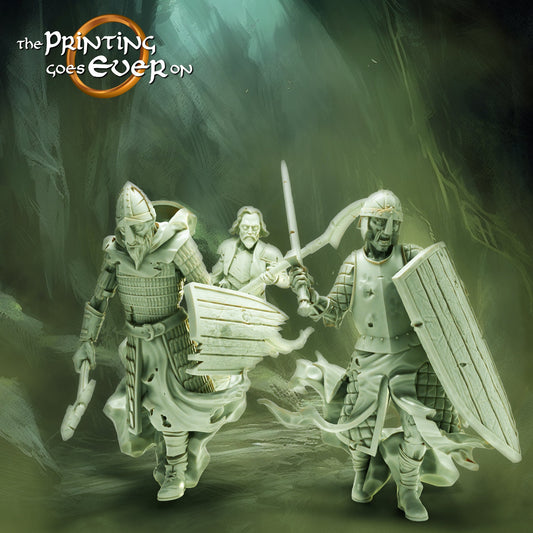 a group of people dressed in armor and holding swords